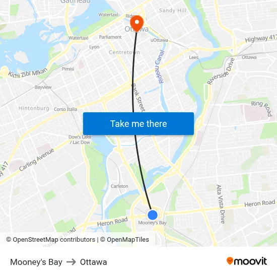 Mooney's Bay to Ottawa map