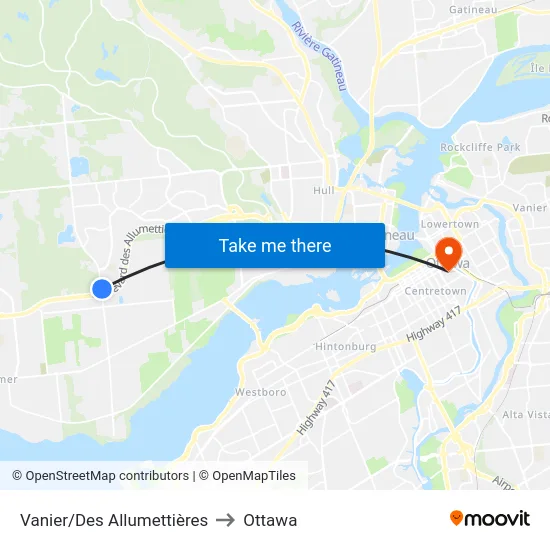 Vanier/Des Allumettières to Ottawa map