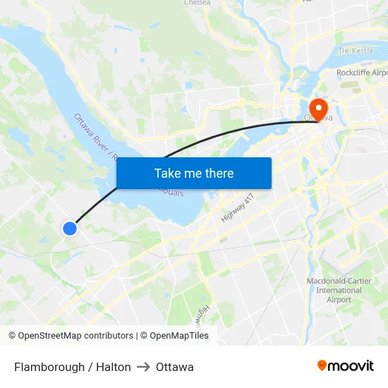 Flamborough / Halton to Ottawa map