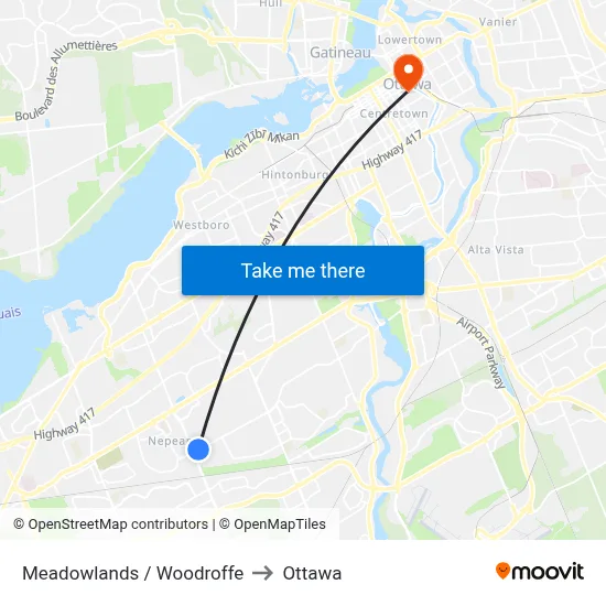 Meadowlands / Woodroffe to Ottawa map