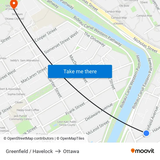 Greenfield / Havelock to Ottawa map
