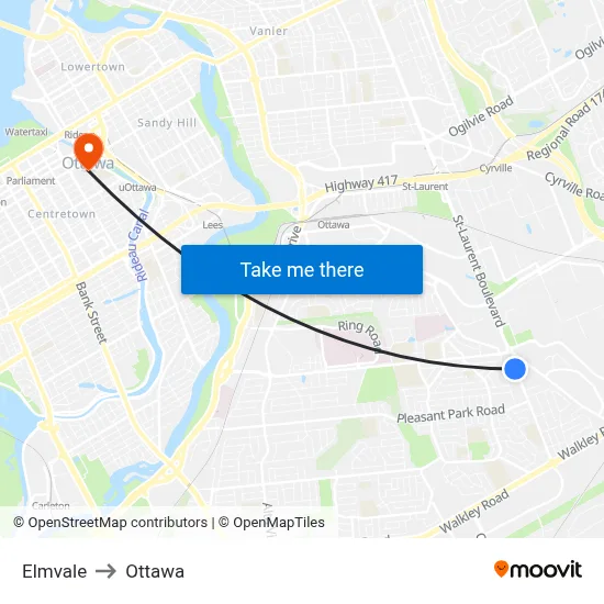 Elmvale to Ottawa map