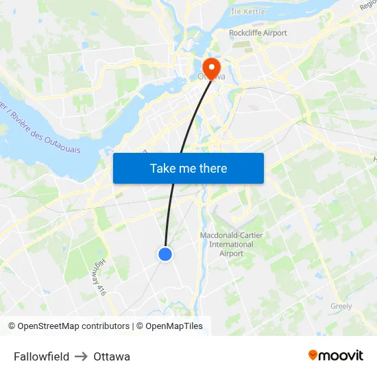Fallowfield to Ottawa map