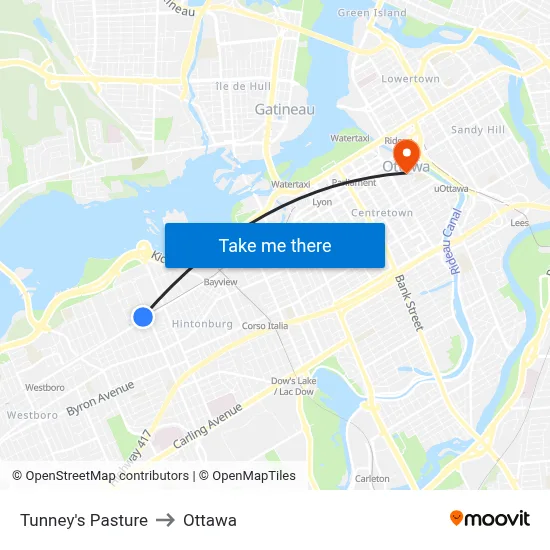 Tunney's Pasture to Ottawa map