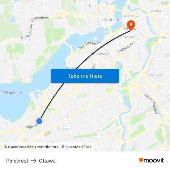 Pinecrest to Ottawa map