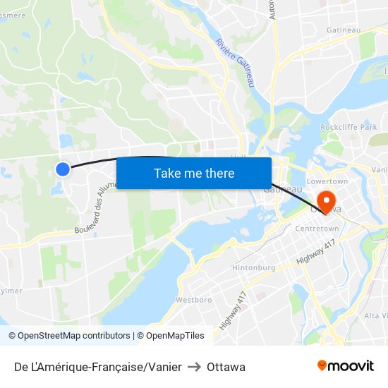 De L'Amérique-Française/Vanier to Ottawa map