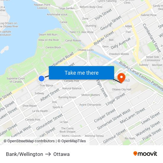 Bank/Wellington to Ottawa map