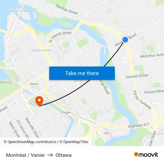 Montréal / Vanier to Ottawa map