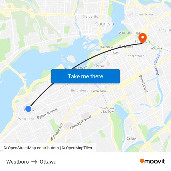Westboro to Ottawa map