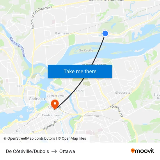 De Côtéville/Dubois to Ottawa map