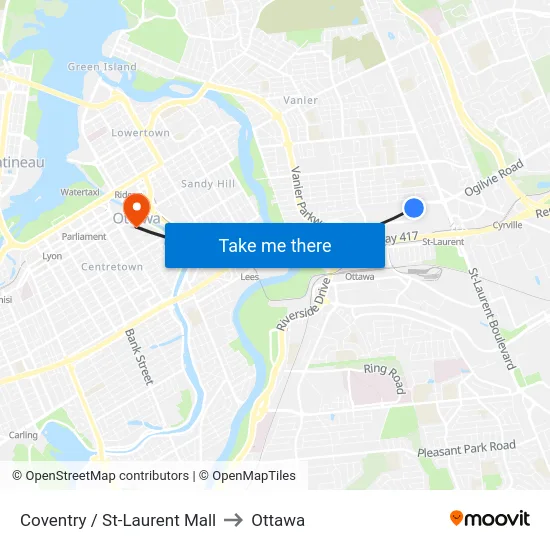 Coventry / St-Laurent Mall to Ottawa map