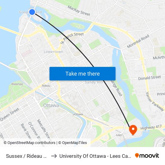 Sussex / Rideau Falls to University Of Ottawa - Lees Campus map