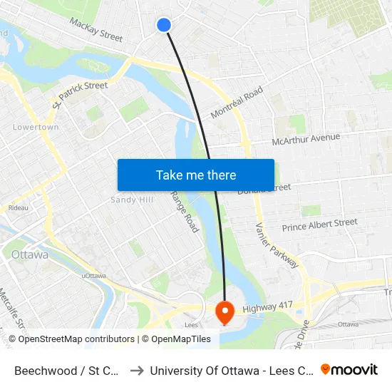 Beechwood / St Charles to University Of Ottawa - Lees Campus map