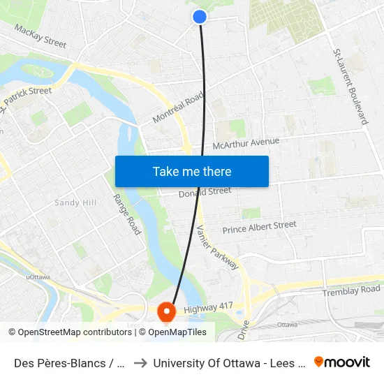 Des Pères-Blancs / Lebrun to University Of Ottawa - Lees Campus map