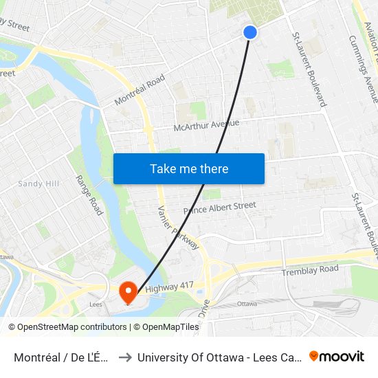 Montréal / De L'Église to University Of Ottawa - Lees Campus map