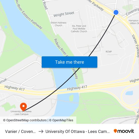 Vanier / Coventry to University Of Ottawa - Lees Campus map