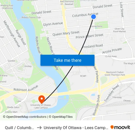 Quill / Columbus to University Of Ottawa - Lees Campus map