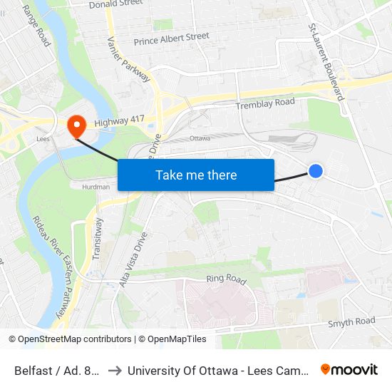 Belfast / Ad. 869 to University Of Ottawa - Lees Campus map