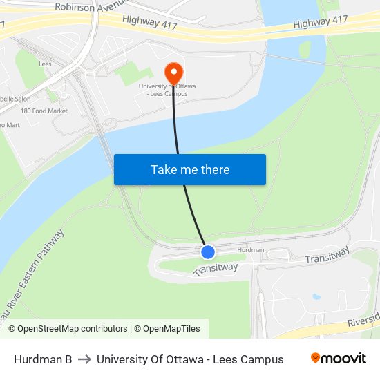 Hurdman B to University Of Ottawa - Lees Campus map