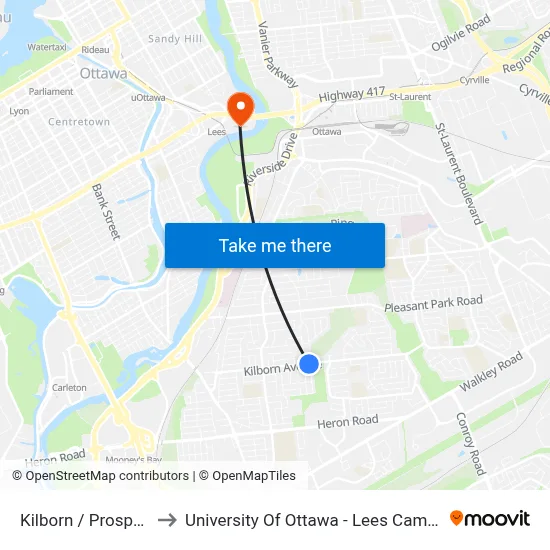 Kilborn / Prospect to University Of Ottawa - Lees Campus map