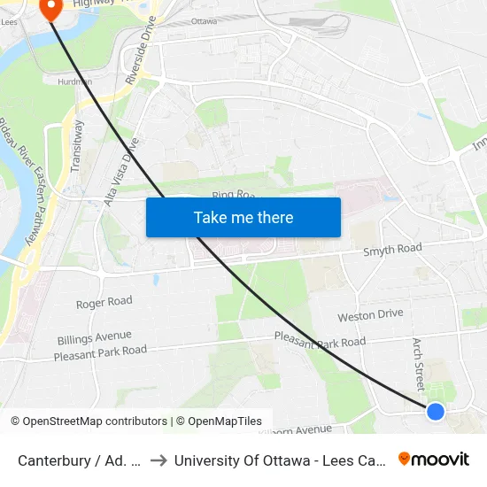 Canterbury / Ad. 860 to University Of Ottawa - Lees Campus map