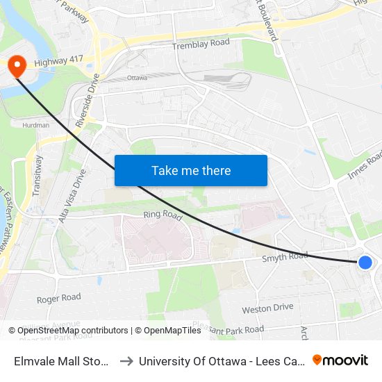 Elmvale Mall Stop (B) to University Of Ottawa - Lees Campus map