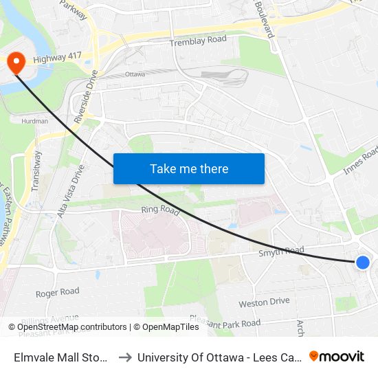 Elmvale Mall Stop (A) to University Of Ottawa - Lees Campus map