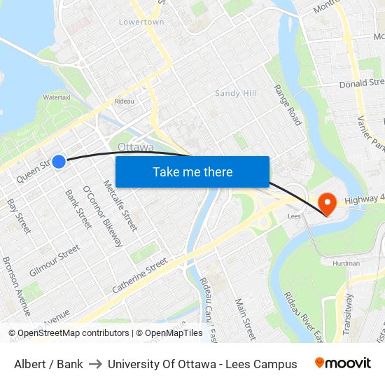 Albert / Bank to University Of Ottawa - Lees Campus map