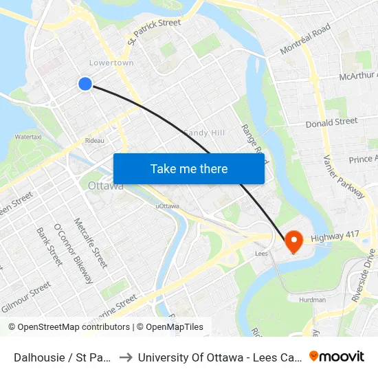 Dalhousie / St Patrick to University Of Ottawa - Lees Campus map