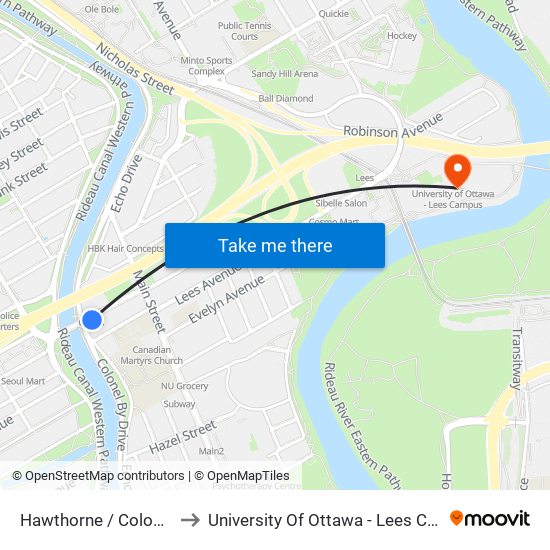 Hawthorne / Colonel by to University Of Ottawa - Lees Campus map