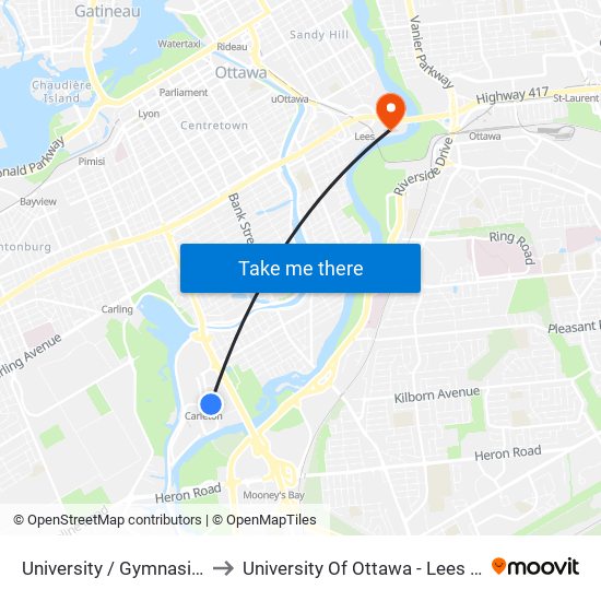 University / Gymnasium (B) to University Of Ottawa - Lees Campus map