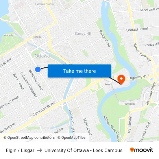 Elgin / Lisgar to University Of Ottawa - Lees Campus map