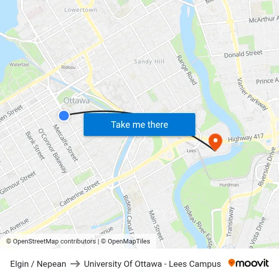 Elgin / Nepean to University Of Ottawa - Lees Campus map