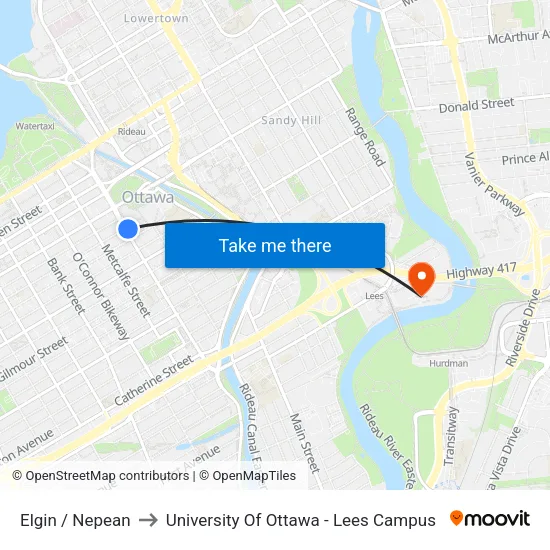Elgin / Nepean to University Of Ottawa - Lees Campus map