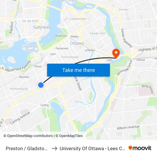 Preston / Gladstone (D) to University Of Ottawa - Lees Campus map