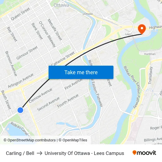 Carling / Bell to University Of Ottawa - Lees Campus map