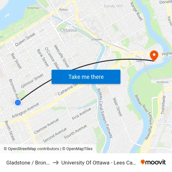 Gladstone / Bronson to University Of Ottawa - Lees Campus map
