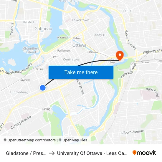 Gladstone / Preston to University Of Ottawa - Lees Campus map