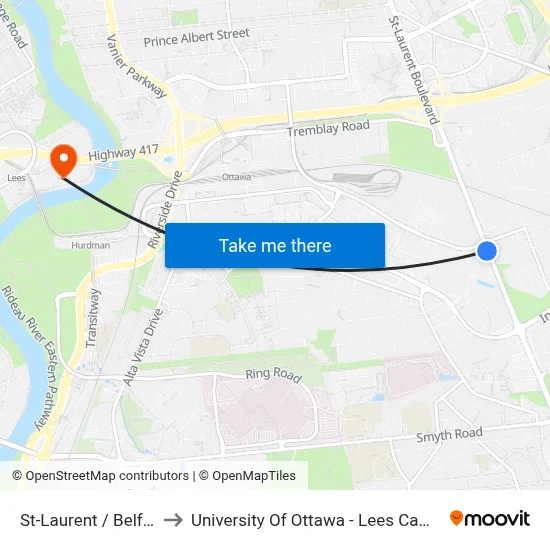 St-Laurent / Belfast to University Of Ottawa - Lees Campus map