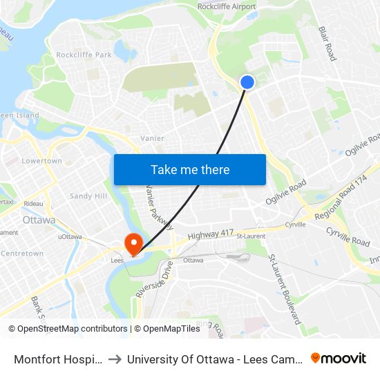 Montfort Hospital to University Of Ottawa - Lees Campus map