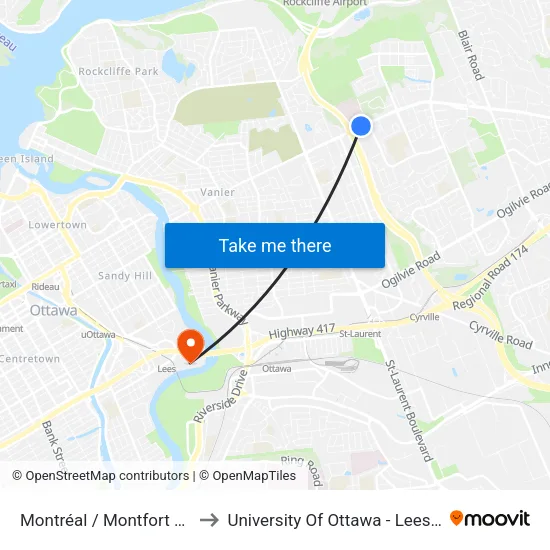 Montréal / Montfort Hospital to University Of Ottawa - Lees Campus map