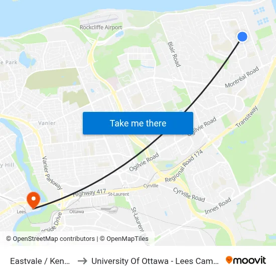 Eastvale / Kender to University Of Ottawa - Lees Campus map