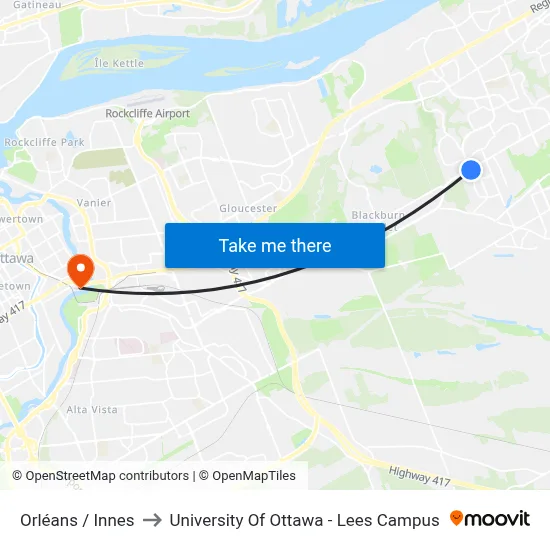 Orléans / Innes to University Of Ottawa - Lees Campus map