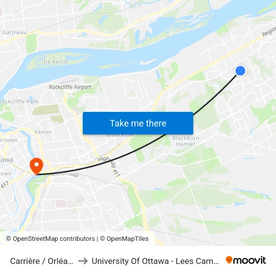 Carrière / Orléans to University Of Ottawa - Lees Campus map