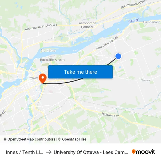 Innes / Tenth Line to University Of Ottawa - Lees Campus map