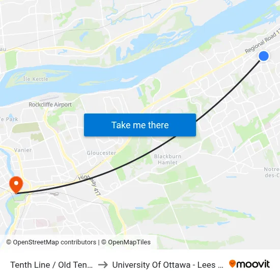 Tenth Line / Old Tenth Line to University Of Ottawa - Lees Campus map