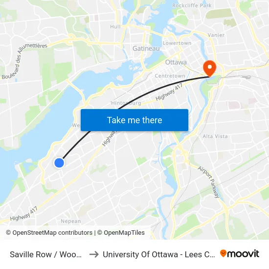 Saville Row / Woodroffe to University Of Ottawa - Lees Campus map