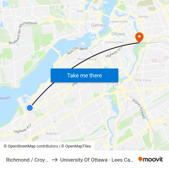 Richmond / Croydon to University Of Ottawa - Lees Campus map