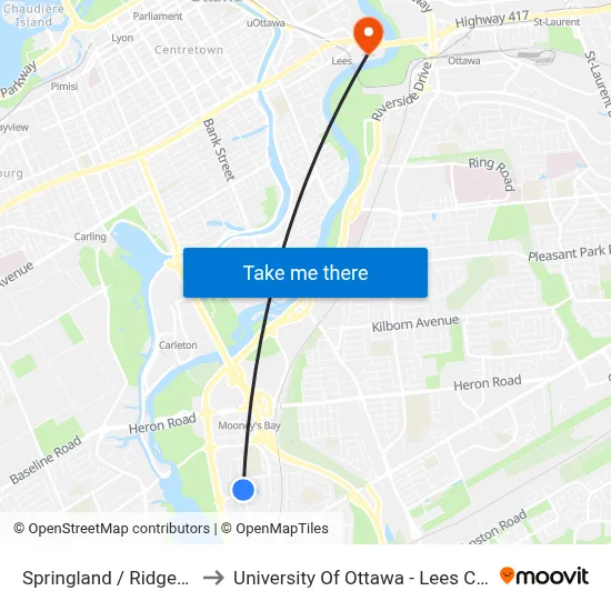 Springland / Ridgewood to University Of Ottawa - Lees Campus map