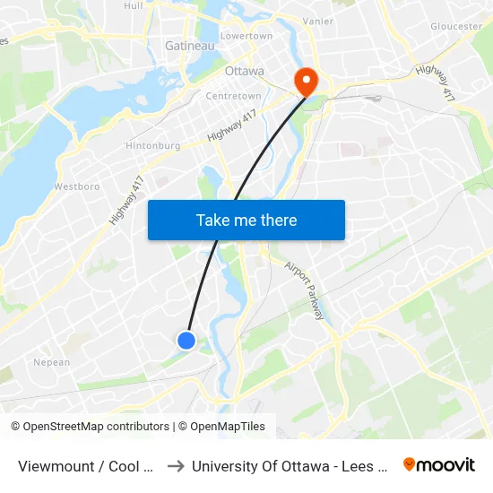 Viewmount / Cool Spring to University Of Ottawa - Lees Campus map